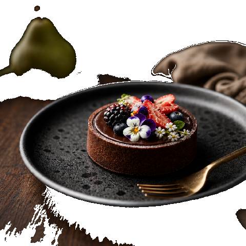 Plated chocolate dessert with seasonal berries and edible flowers